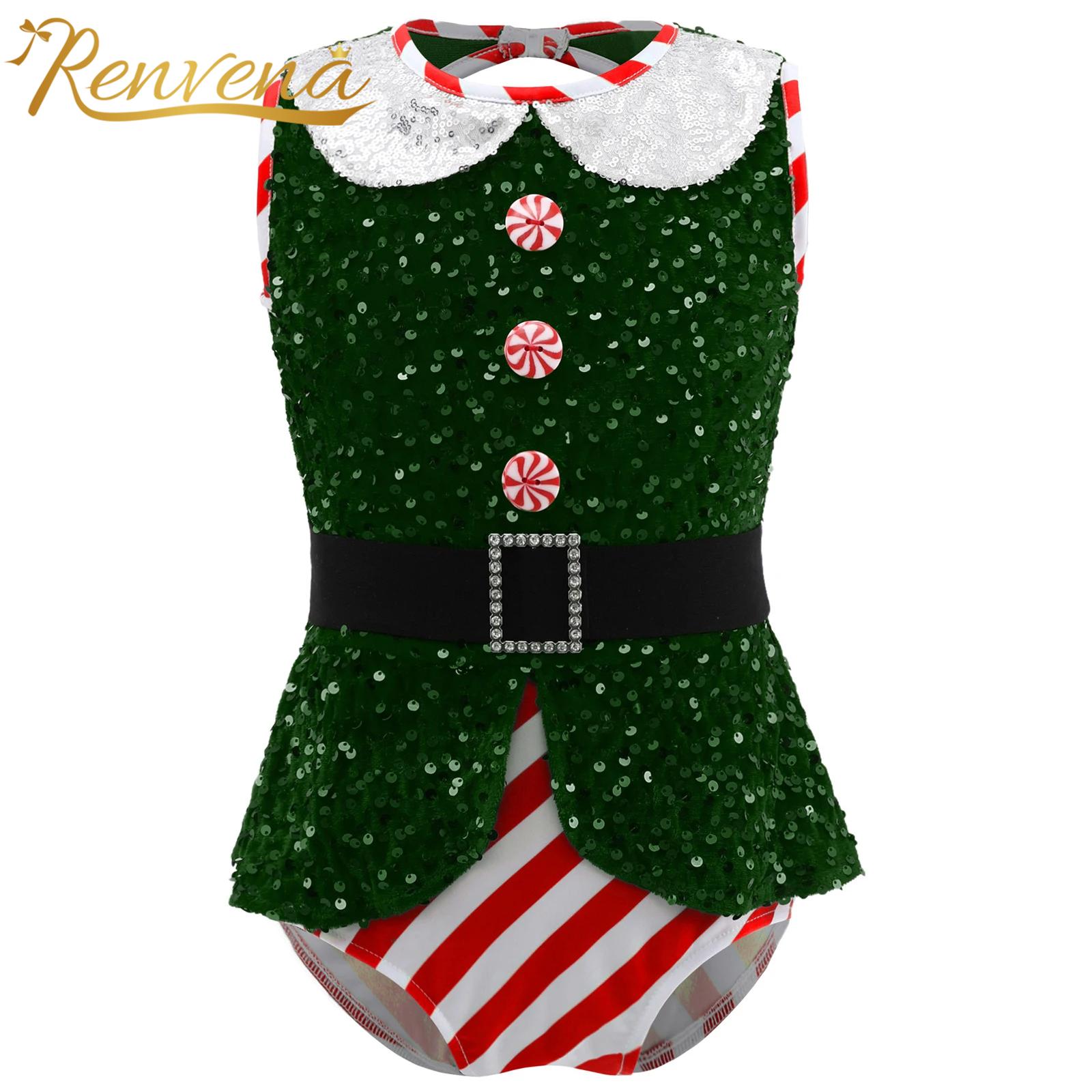 Elf Costume Christmas - Mädchen glitzernde Pailletten-Overalls, ärmelloser Body, Weihnachtself-Kostüm,
